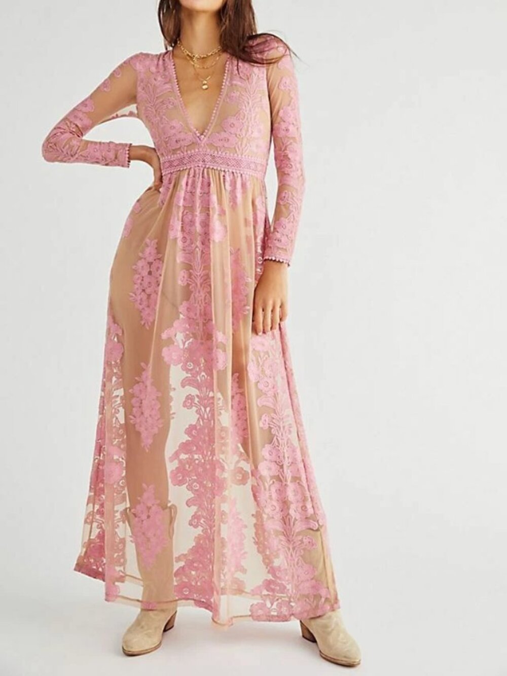 For Love & Lemons - Embroidered Pink Sheer Lace Maxi Dress - NEW - Size Small